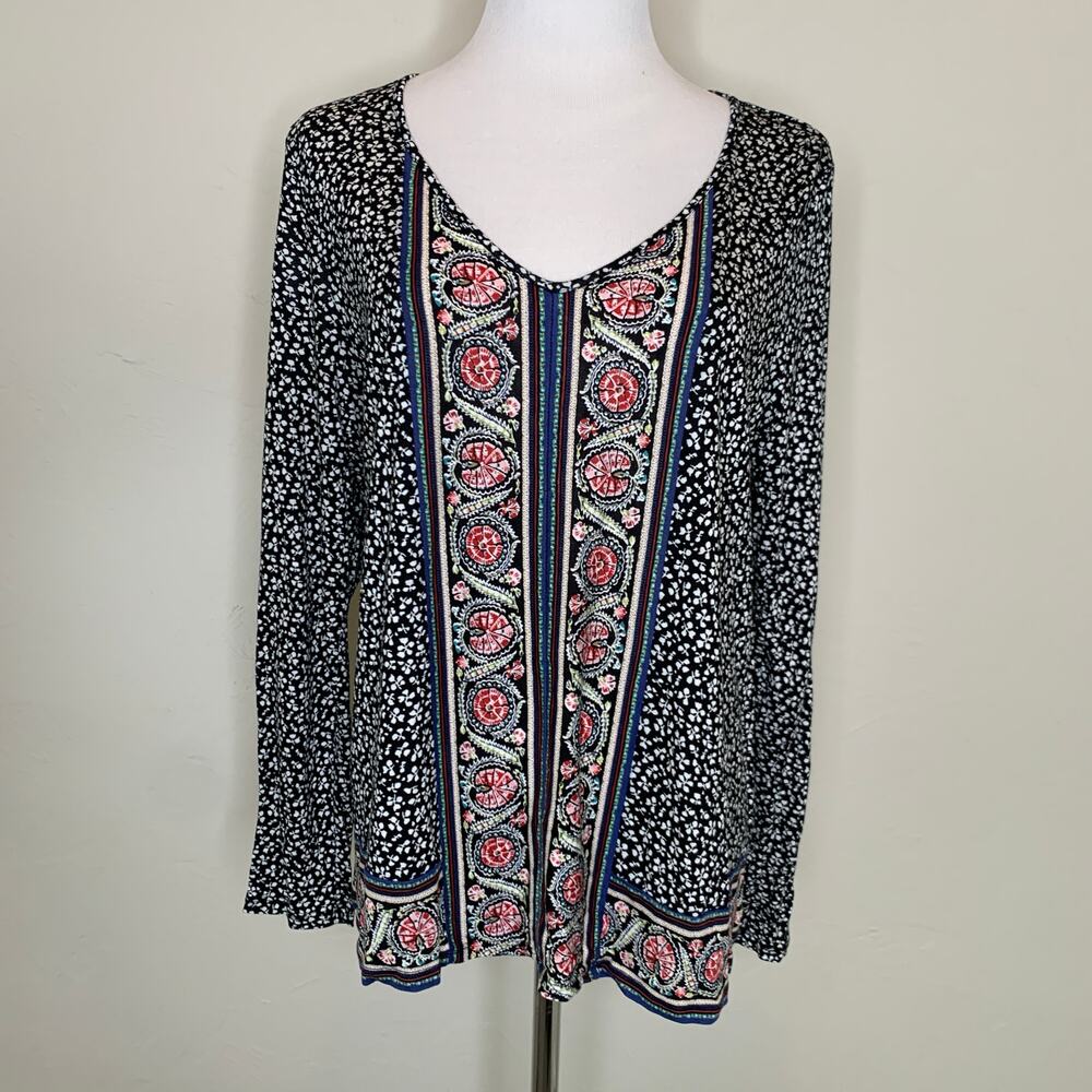 J. Jill Black Floral Knit Top Blouse Sz Petite Medium